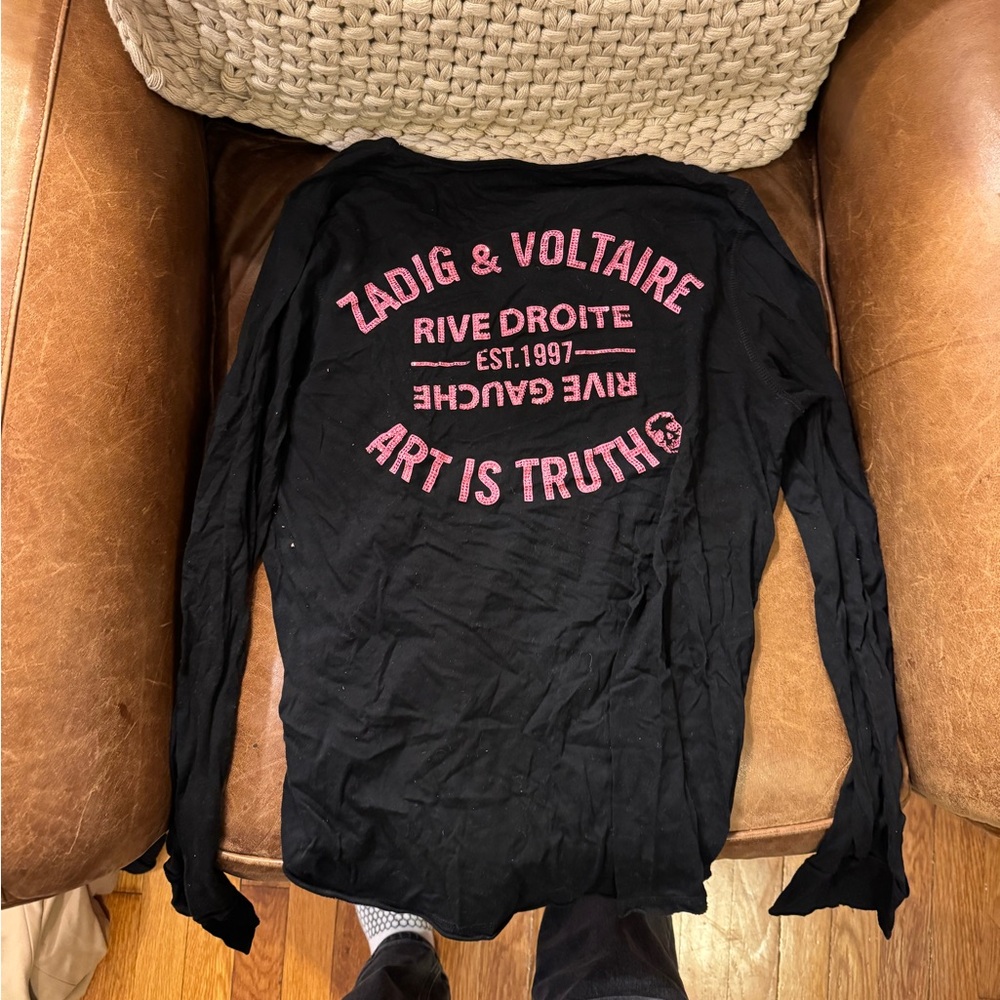 Zadig & Voltaire longsleeve t shirt with bedazzled pink writing on the back.